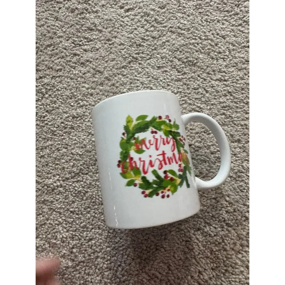 Merry Christmas Greenery Wreath Berries Coffee Mug Tea Cup Glass Dishwasher Safe